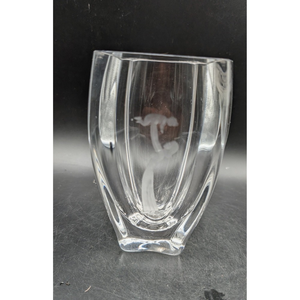 Orrefors Sweden Etched Crystal Vase Mother and Child Signed Clear Glass MCM